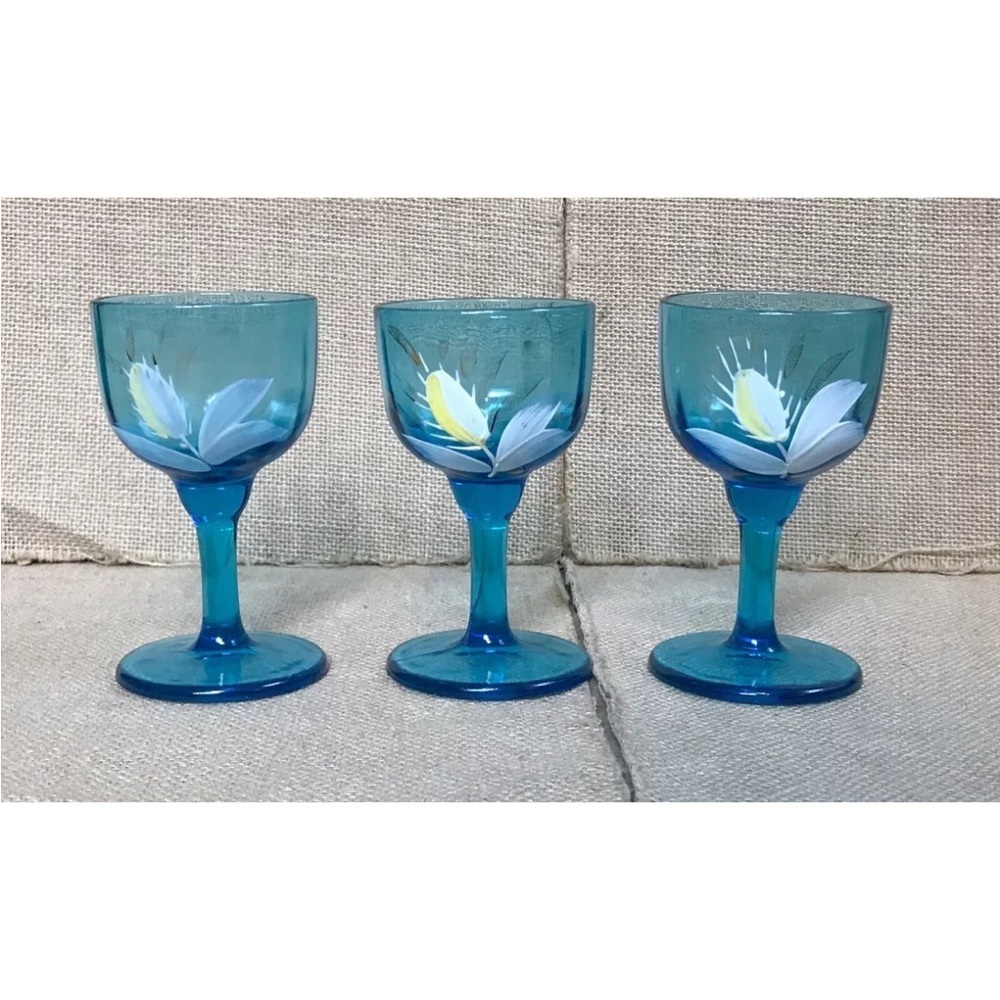 Blue Floral Cordial Glass Set Stemware Hand Painted Fairycore Beach Coastal